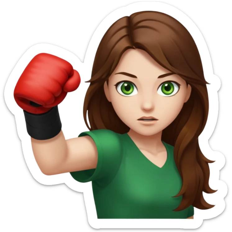 Girl emoji with green eyes and long brown hair throwing a punch  sticker