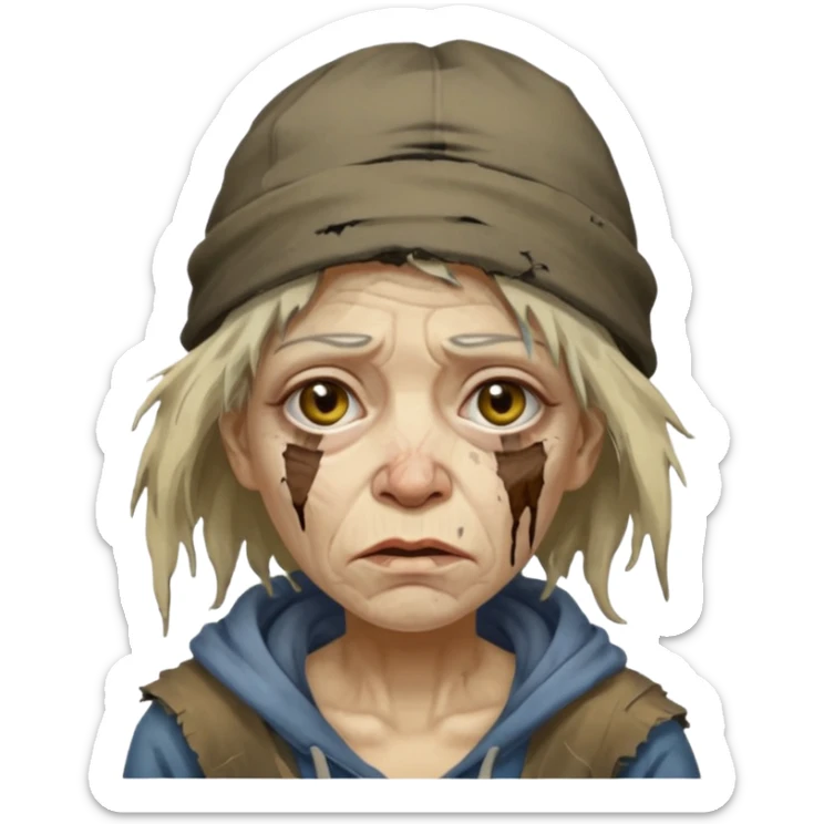 very dirty looking homeless woman with ripped hat and smudged face with ugly hair sticker