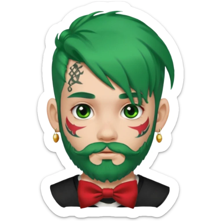 boy with bangs and green hair and red hairbow on side and earrings and very heavy face tattoos and beard sticker