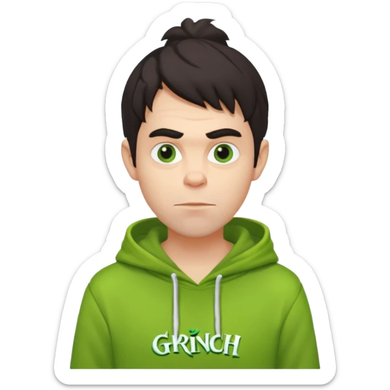 Create an avatar of white Europeanwith dark hair  male in hoodie with ``BST`` letters on it. Make background to look like from movie Grinch sticker