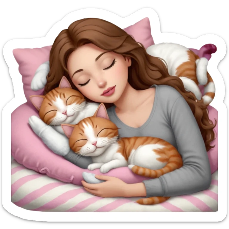 girl with long wavy brown hair, brown eyes, long lashes makeup, sexy pink lips, light to medium complexion,  sleeping on a cozy pillow, with 6 cats: 1 brown and white tabby cat, 1 ginger and white, 2 grey and white, 1 grey with white mittens and small white patch on chest and 1 calico, sleeping sticker