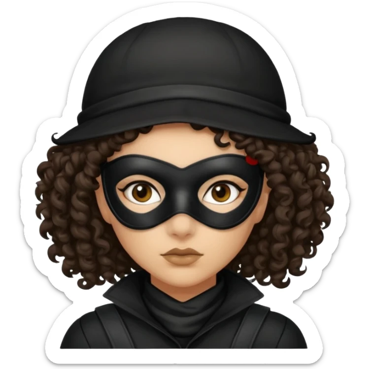 woman with robber mask concerned dark curly hair and robber outfit sticker