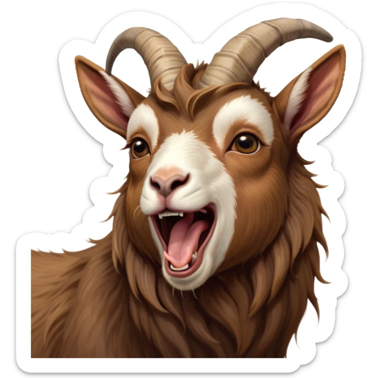 Cinematic Cute Yawning Brown Goat Portrait Emoji, Head tilted slightly with a dramatic, wide-open yawn, showcasing a soft, downy brown fur with delicate horns and gently drooping ears, round eyes barely open in drowsy contentment, Simplified yet irresistibly adorable features, highly detailed, glowing with a soft, cozy glow, high shine, relaxed yet expressive, stylized with a touch of rustic whimsy, bright and endearing, soft glowing outline, capturing the essence of a sleepy yet affectionate goat, so drowsy it feels like it could stretch out of the screen and curl up for a nap! sticker
