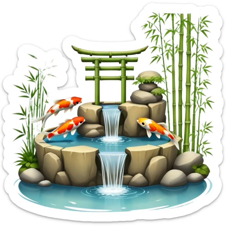 Romantic Asian koi fish pond and bamboo fountain scenic scenery landscape deco sticker