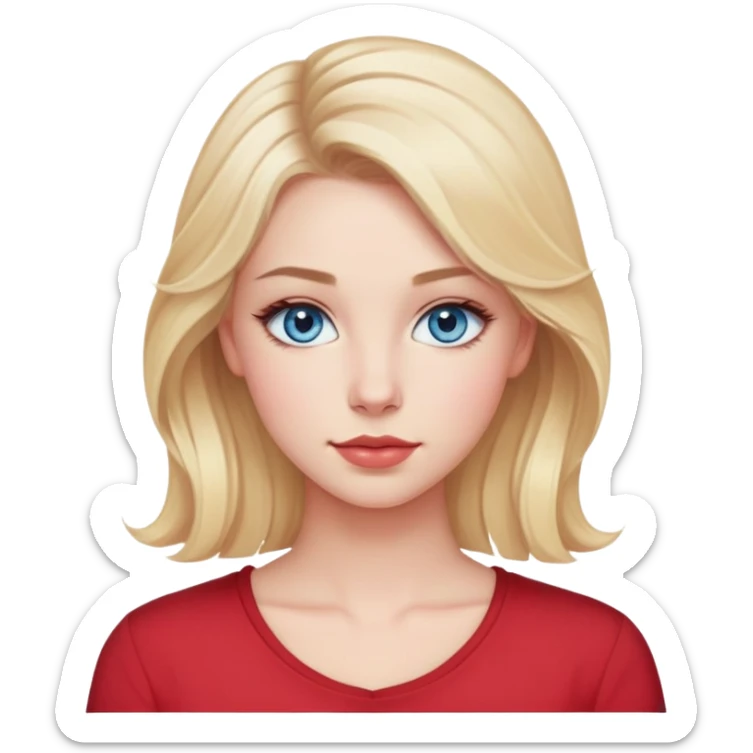 Make an emoji with a young blue-eyed blonde 20 years old. Hair slot on the right. Blue eyes. Breast size 2. Chubby lips. Long eyelashes. Hairstyle without bangs, loose slightly curly at the ends of the hair. Red shirt with neckline. Light makeup, but with blush sticker