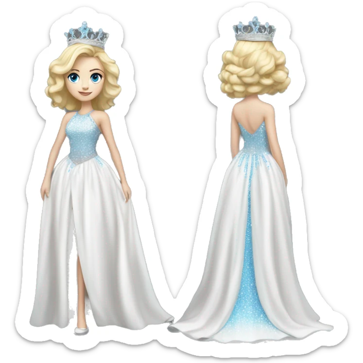 White girl with blonde hair and blue eyes pageant silver only crown fully white pageant dress full body sticker