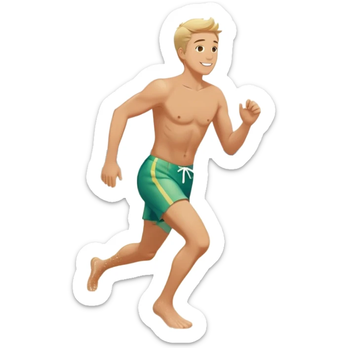 A white man running into the ocean, paisaje embracing the waves and the moment. The sun shines warmly, and the water sparkles, symbolizing the joy of creating fun and appreciating life’s simple moments. Their footprints in the sand fade as they fully immerse themselves in the present. sticker
