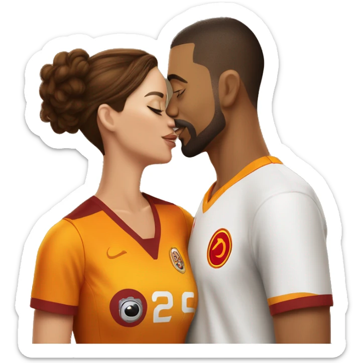 A brunette woman with a brown-haired man who has a goatee and shaved sides are kissing each other while wearing Galatasaray jerseys. sticker