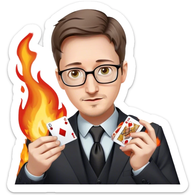 Edward Snowden ads magician revealing a deck of cards but there are no cards just a gaming controller surrounded by flames sticker