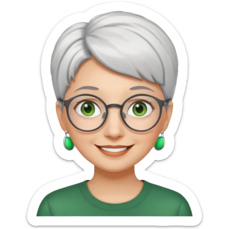 visage femme a lunettes ronde avec cheveux courts gris-blancs aux yeux verts qui souris sticker