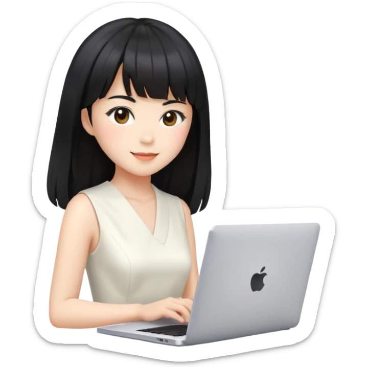 empresária japonesa de pele clara e cabelos pretos com franja e longos na altura das sombracelhas mexendo em um notebook portátil da Apple, esboçando um leve sorriso, vestindo um vestido elegante branco sticker