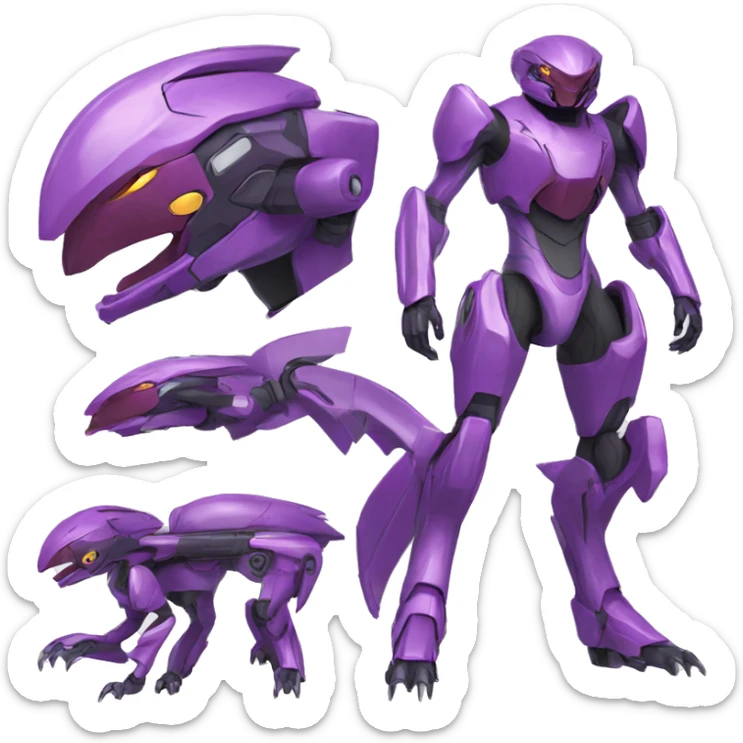 a purple Genesect-Raptor-Fakémon—hybrid with a futuristic visor-helmet full body sticker