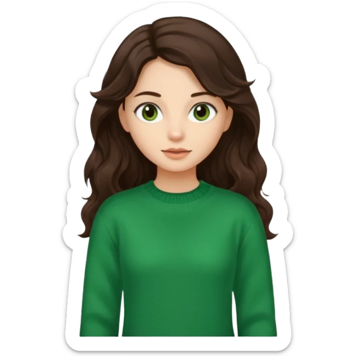Una chica güera con pelo ondulado café oscuro largo ojos cafés oscuros y con un suéter o camisa veerde. El pelo hazlo un poco más largo, con los ojos cafés oscuros  sticker