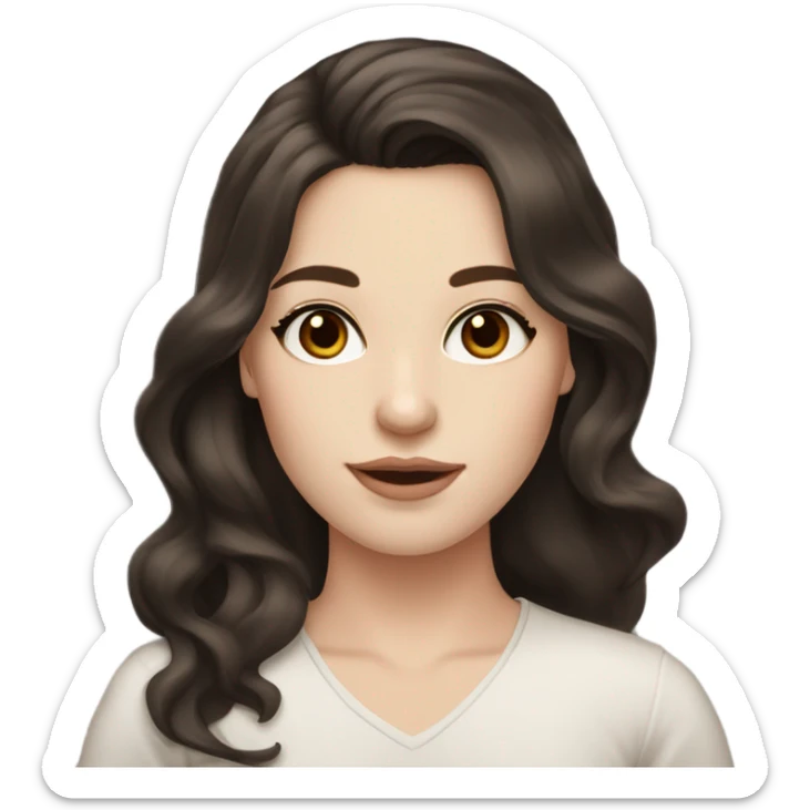 A beautiful woman with pale skin and dark brown eyes, dark brown wavy long hair with side-part bangs, and soft makeup. sticker