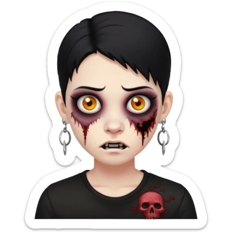 Jovem de cabelo pretos médio camisa preta olhos pretos usando brincos e um piercing no rosto versão zumbi sticker