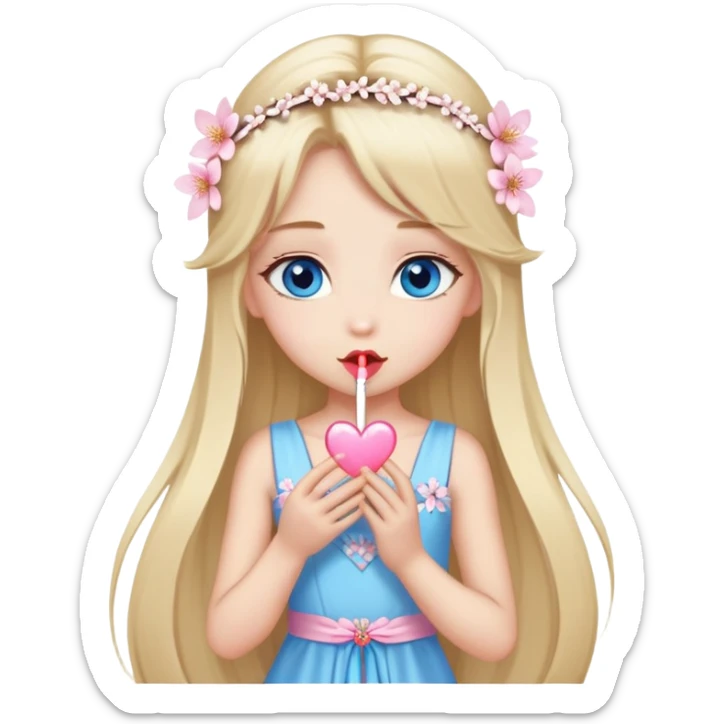 Girl with long blond hair and sakura accessories on her hair with a long tailed dress on the floor and have blue eyes beautiful finish and she sending lovely kisses  sticker