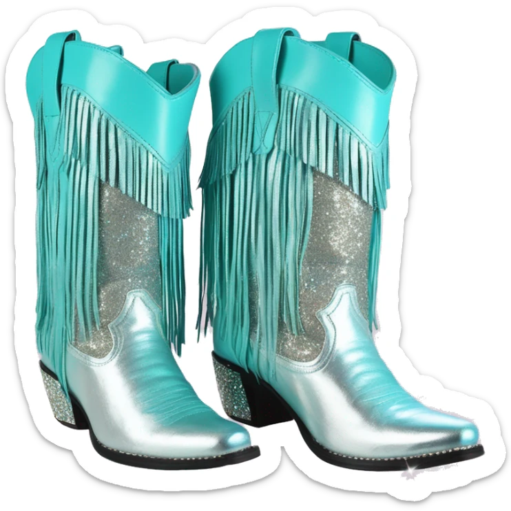 Realistic silver and pastel tiffany blue ombre pair of fashion cowgirl boots with sparkly shiny glitter fringe on them. sticker