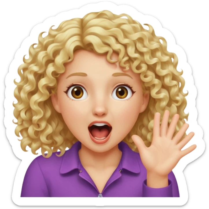 Emoji di ragazza bionda riccia che urla felice e mette una mano ben aperta in faccia davanti gli occhi sticker