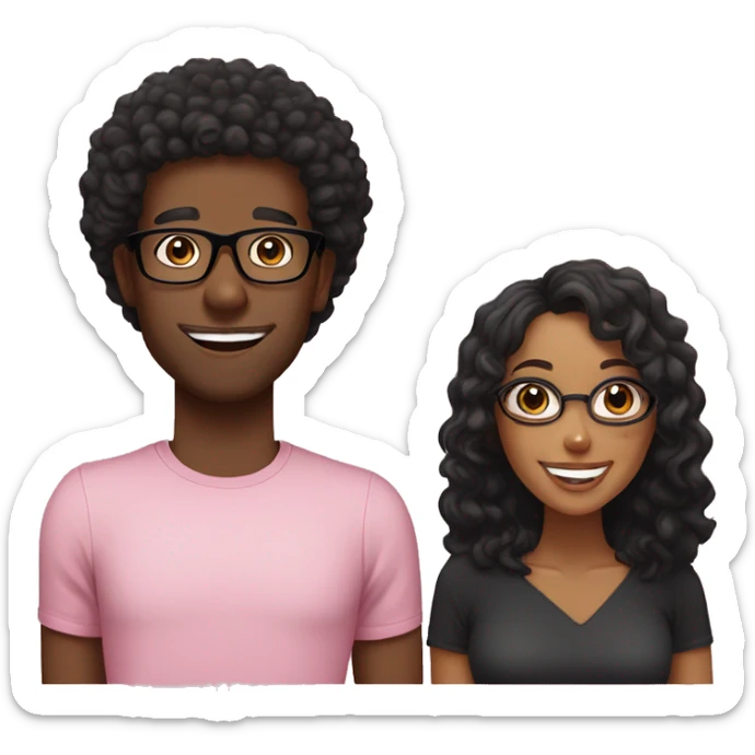 Black man, smiling, curly black hair, with black shirt, no glasses. And Fair woman, medium curly hair, smiling, light pink shirt, black glasses sticker