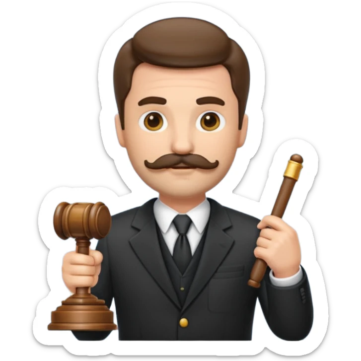 “Create a clean, modern emoji-style illustration of a male lawyer. He is wearing a formal suit jacket. He is holding a judge’s gavel in one hand and has a law book tucked under his arm. He has a mustache and a short beard, and sticker