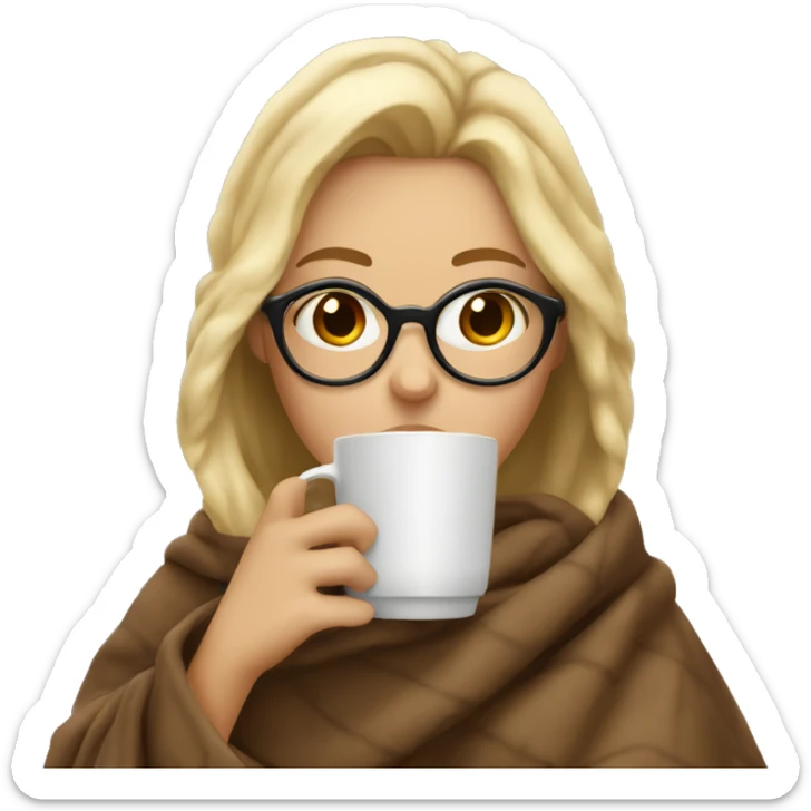 A blonde girl with brown glasses wrapped herself in a blanket and drinks coffee sticker