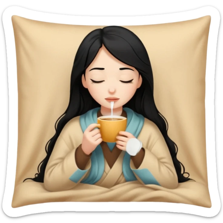 black hair girl long hair inside a beige blanket sipping coffee eyes closed sticker