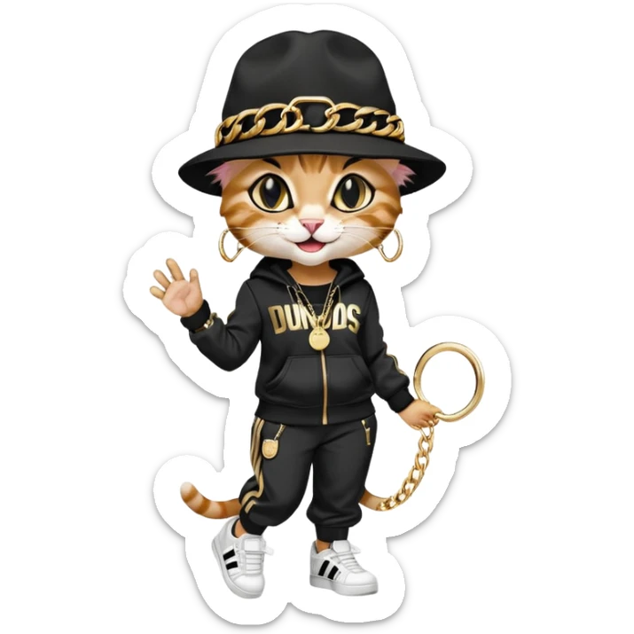 female cat dressed like Run DMC with tracksuit, fedora, Adidas shoes, lots of gold chains, rings, bracelets, earrings, laughing, looking up, no sunglasses sticker