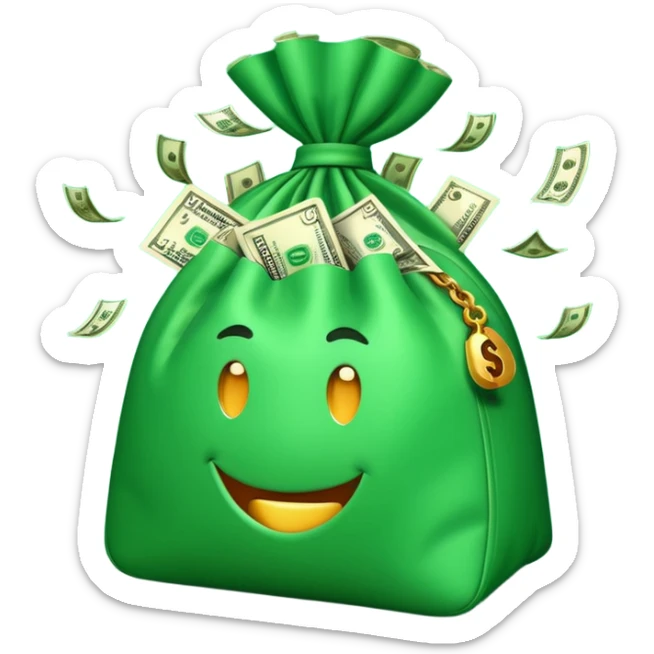 

3D emoji style, big bag of money, flying dollar bills, rich casino vibe, smooth lighting, high detail, clean edges, transparent background



 sticker