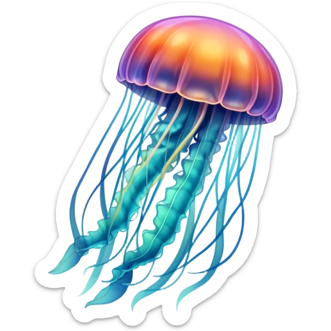 A jellyfish in multicolored hues drifts through the sea, glowing like a living rainbow sticker