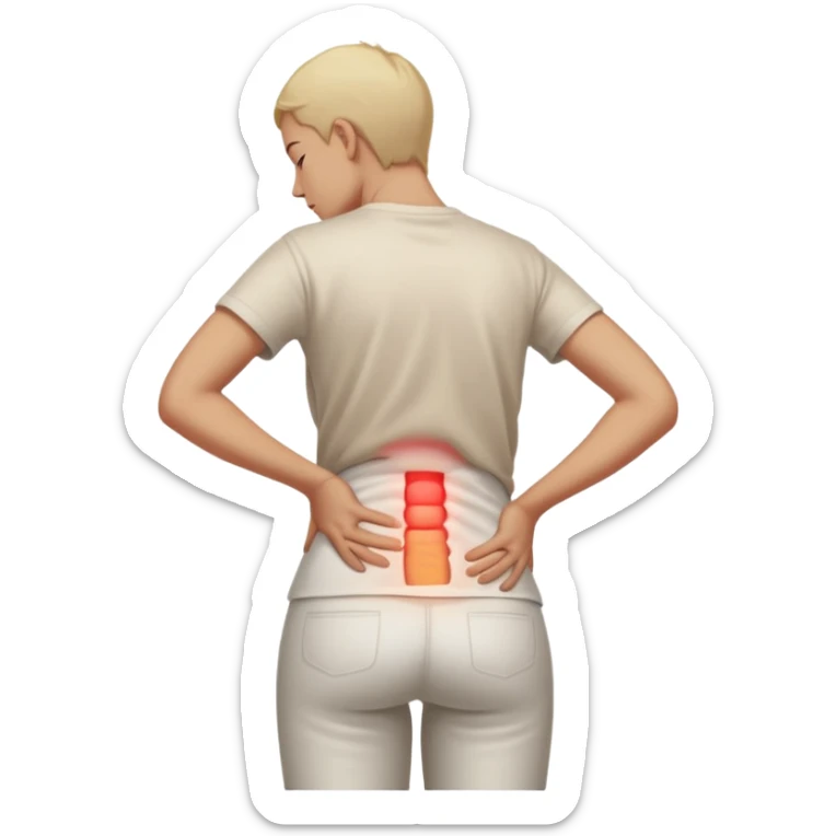A realistic medical illustration of a person standing and holding their lower back in pain. A soft red glow highlights the lower back area to indicate soreness. The person has a natural expression of discomfort. Clean white background, even lighting, clinical style, full body view. sticker