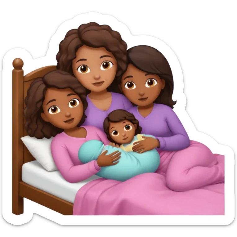Two brown girls cuddling in bed with a baby girl in the middle sticker