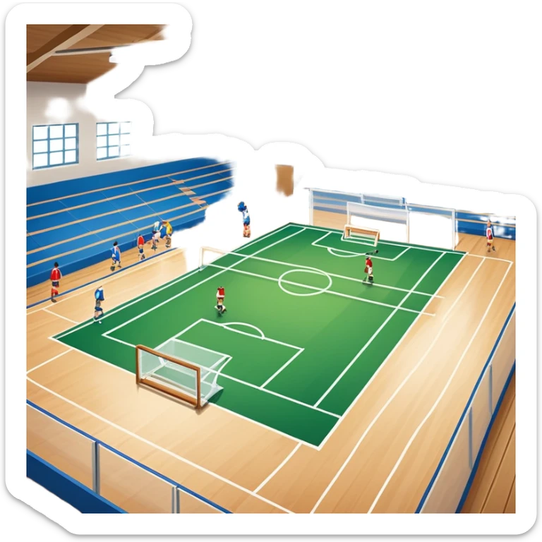 A mini-football match in an indoor sports hall with a wooden floor and clear court markings. The scene captures players in action, with the ball moving towards the goal, and the surrounding bleachers and overhead lights adding to the atmosphere of a competitive game. sticker