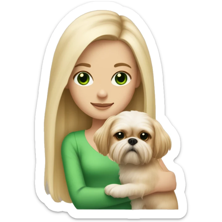 Girl with long blonde hair, freckles, and bright green eyes holding an all beige shih tzu dog  sticker