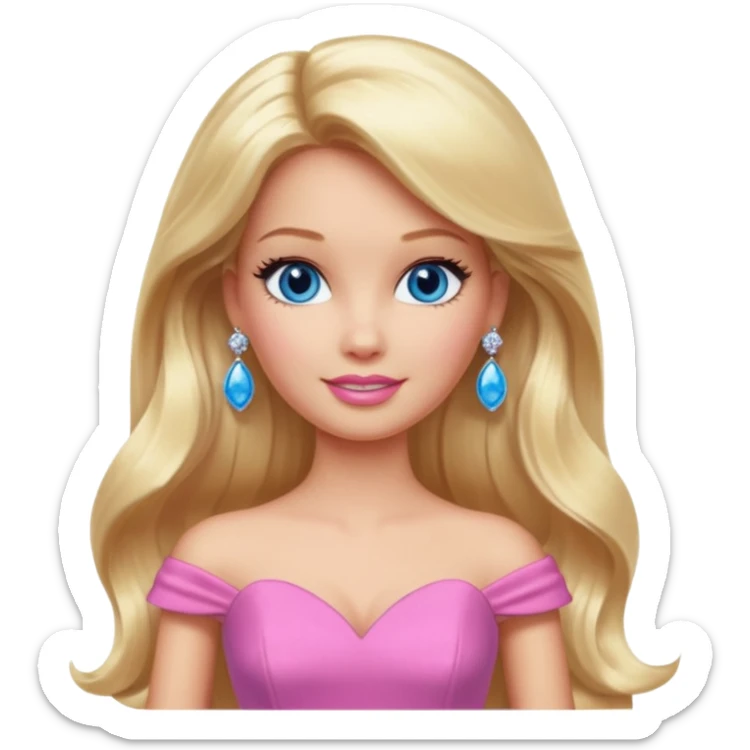 barbie, long blonde hair, pink dress, with blue eyes,different dress,ear rings, jewelary. sticker