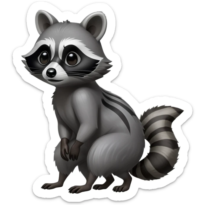 Cinematic-Raccoon-Realistic-Full-Body-Standingon all fours-Emoji – Tail flicking lazily, head tilted dramatically, thick grey fur with a signature black mask, sharp and alert ears, simplified yet realistic focused features, highly detailed, glowing with an almost sarcastic glow. sticker