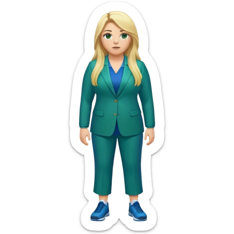 Full Body white plus size female basketball head coach with long blonde hair in a blue and green suit sticker