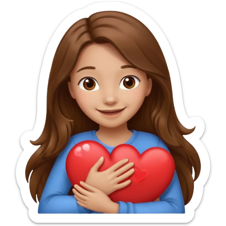 Long Brown hair smiling girl light skin, heart hug sticker