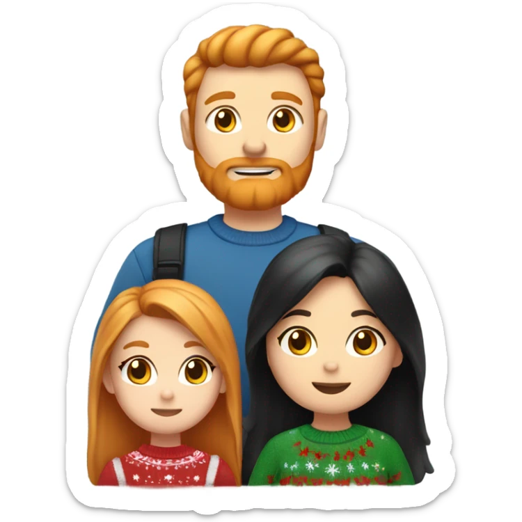 One ginger cat one black hair dad one brown hair mom and one blond little daughter wearing Christmas clothes sticker