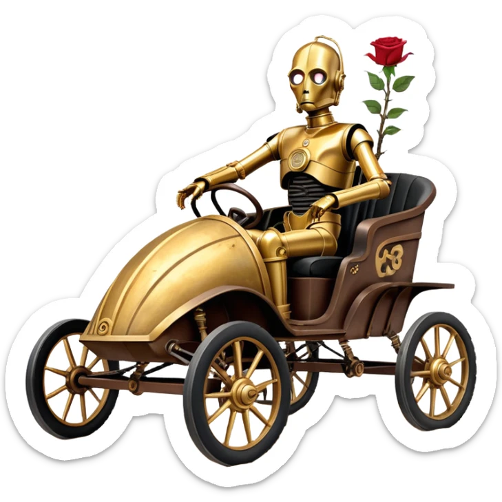 Old American West tarnished C-3PO bounty hunter 1854 delicately ornate rosegold accents painted dune buggy buckboard wagon powered by electric motors and batteries with safety features and belts flying rapidly across rough dusty terrain stable on strong agile futuresteampunk suspension and steering  sticker