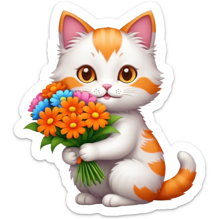 cute cat holding a bouquet of flowers for Mother's Day sticker
