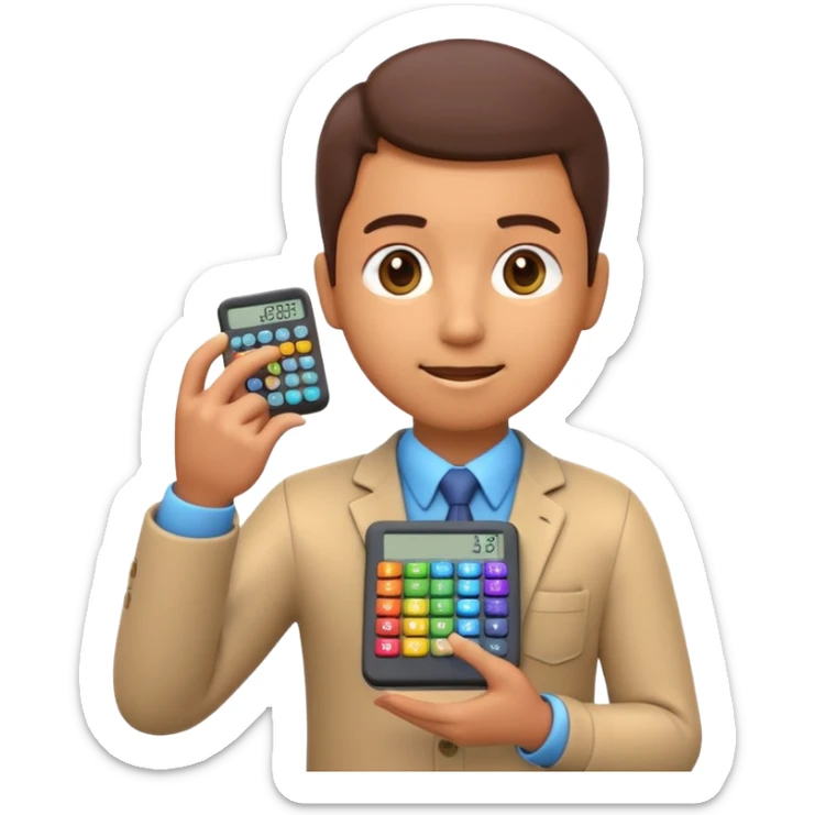 3D iPhone style emoji of a person using a calculator, finger pressing colorful buttons, digital display showing numbers, isolated on white background, soft shadows, high detail, playful and cute. sticker