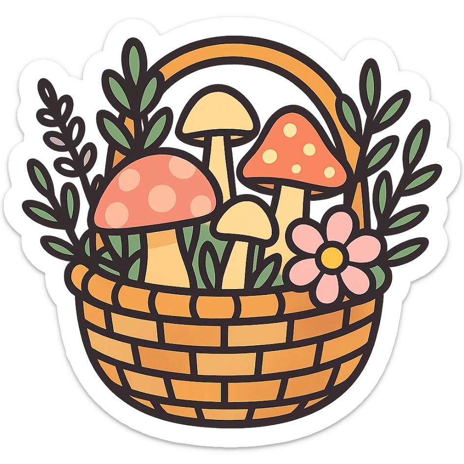 basket full of forest goodies including mushrooms, herbs, flowers in soft pastel colors, vibrant toon style sticker