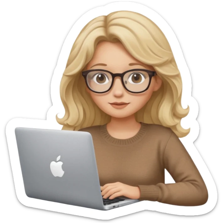upper body view: blonde girl with dark blonde wavy hair, wearing pantos-style glasses and a brown sweater, sitting with a laptop, flat vector design, soft pastel colors, white background, Apple emoji style, upper body shot sticker