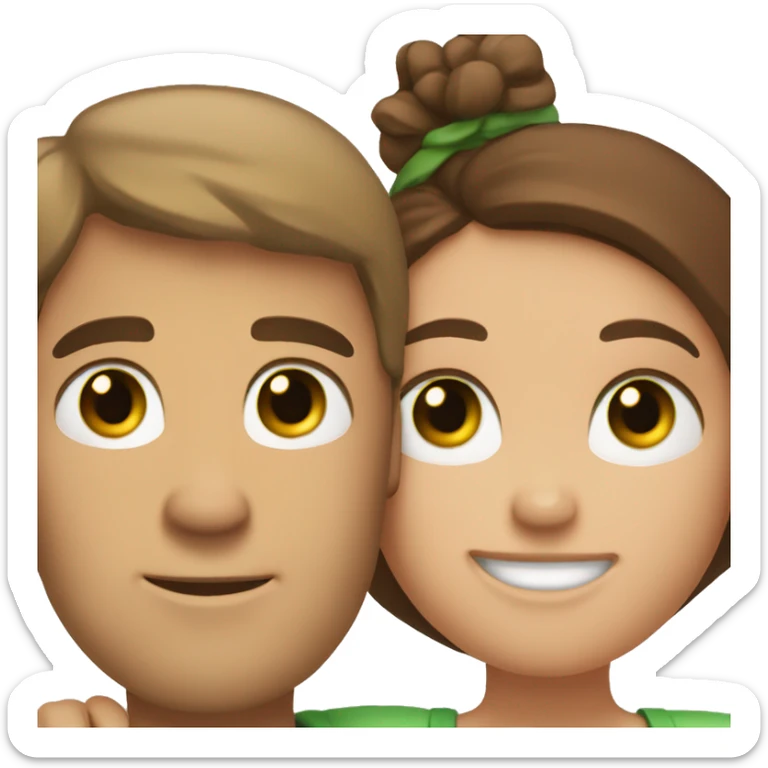 slightly tanned white guy with brown hair, green eyes and freckles hugging a tanned girl with brown hair and brown eyes sticker
