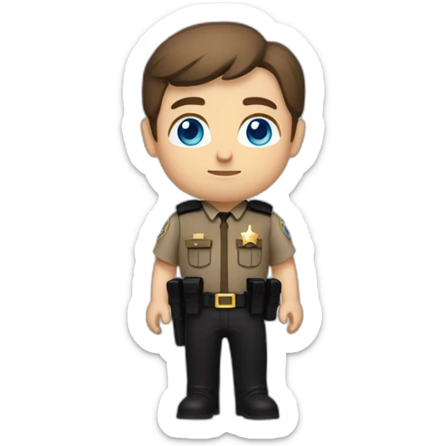 Deputy sheriff with short Brown hair and blue eyes and bulletproof vest and arms sticker