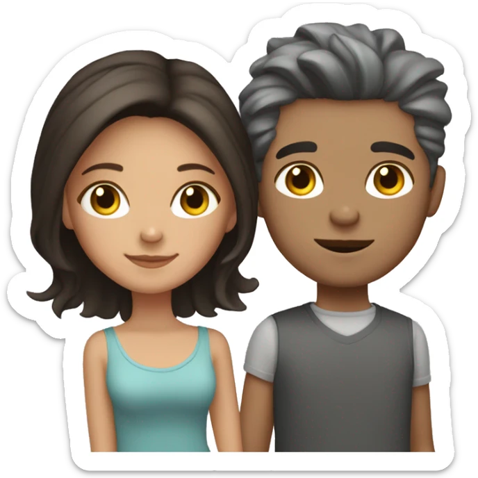 Lovely brunette couple with grey cat. Boy is light skin with collected hair sticker