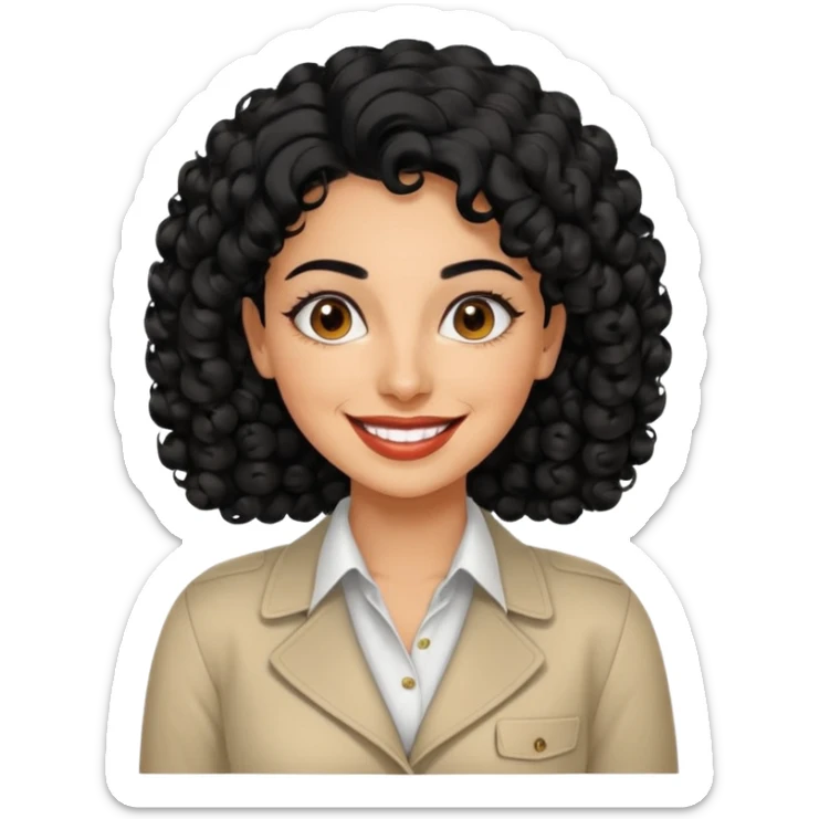 30 year old iranian woman very short curly black hair, big brown eyes, tanned skin, big smile, white teeth, pretty, stylish sticker