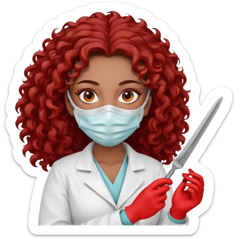 Scary woman scalpel in hand, evil surgeon sexy surgeon clothes.  She has red eyes. Her  brown long curly hair. Wears sexy doctor outfit with red gloves. make her hair free and brown but have mouthy  wear  mask  to hide. Wears white surgeon jacket and  has lon* brown hair. sticker