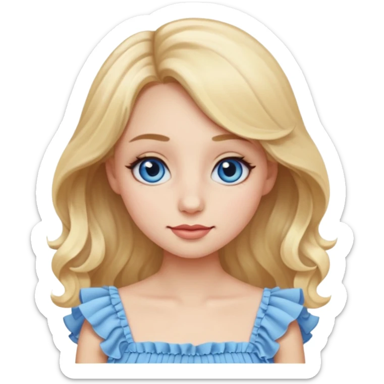 Emoji girl with slightly close-set blue eyes and eyeliner on them, a bit long nose, wide not very full lips, oval face shape, not so long blonde hair in cute light color ruffle dress sticker