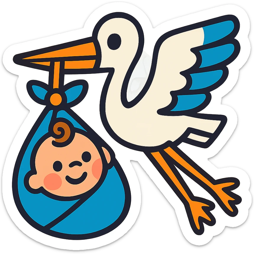 human baby in a bundle being carried by a flying stork in vibrant toon style sticker